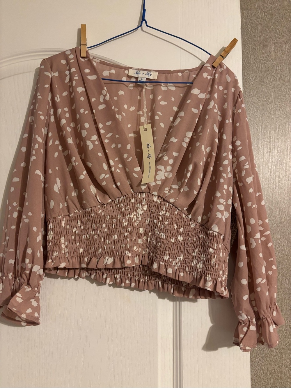 She + Sky Mauve Blush Printed Smocked-Waist V-Neck Blouse